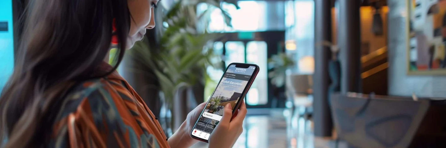 A woman holding her phones look at the Radisson Rewards mobile app homepage.