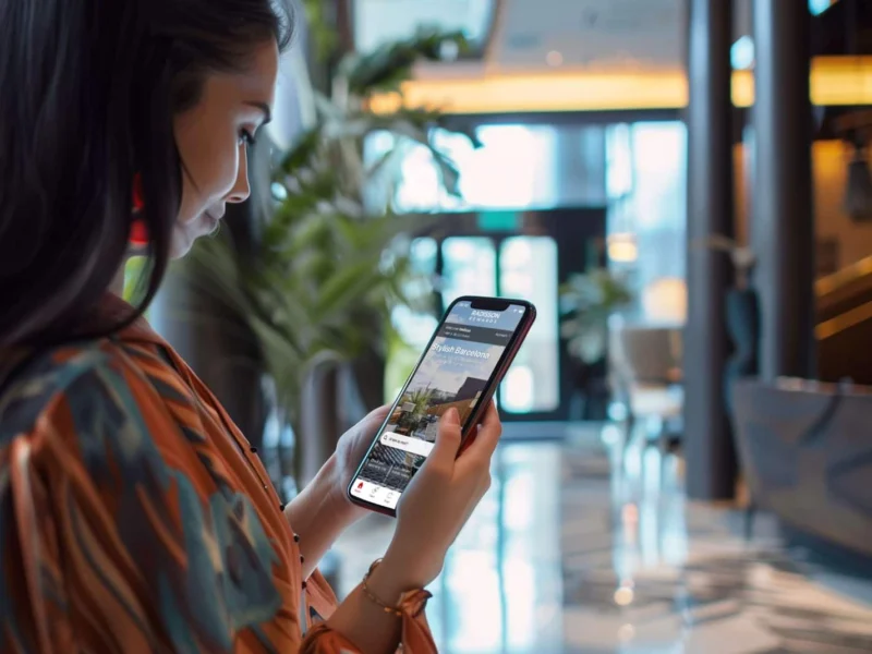 A woman holding her phones look at the Radisson Rewards mobile app homepage.