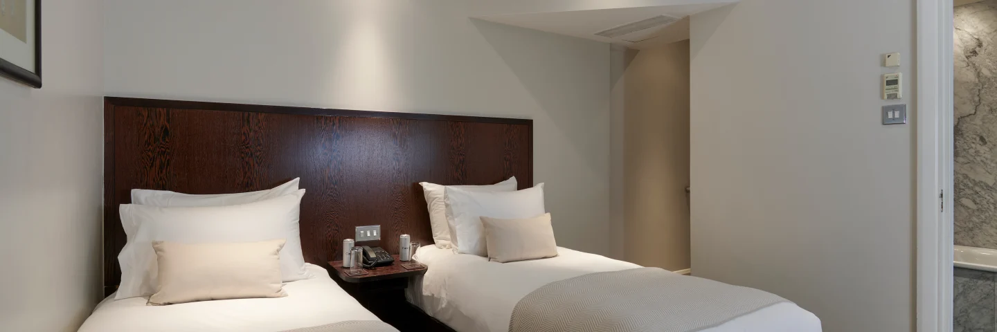 Standard Twin room with two single beds and a dark wood headboard