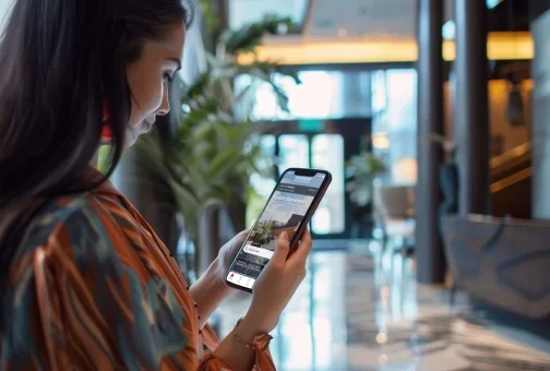 Guest checking her phone in a hotel lobby