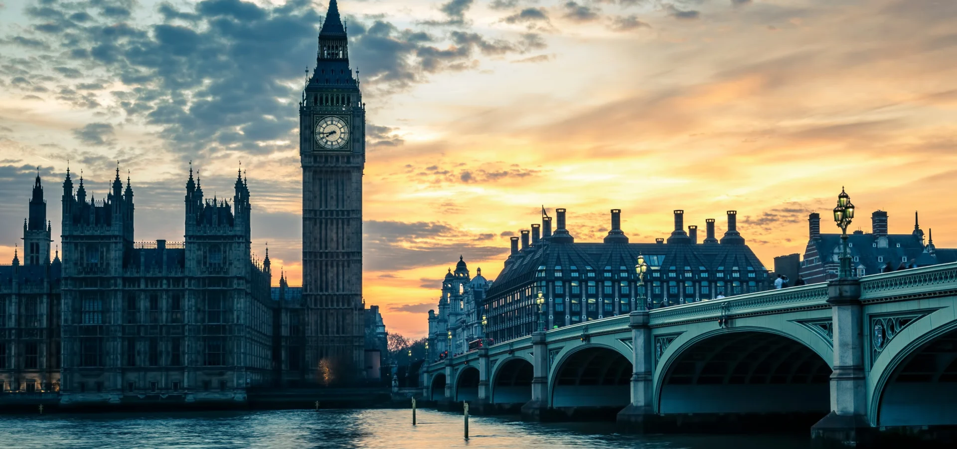 Big Ben and Westminster Bridge over the Thames at sunset