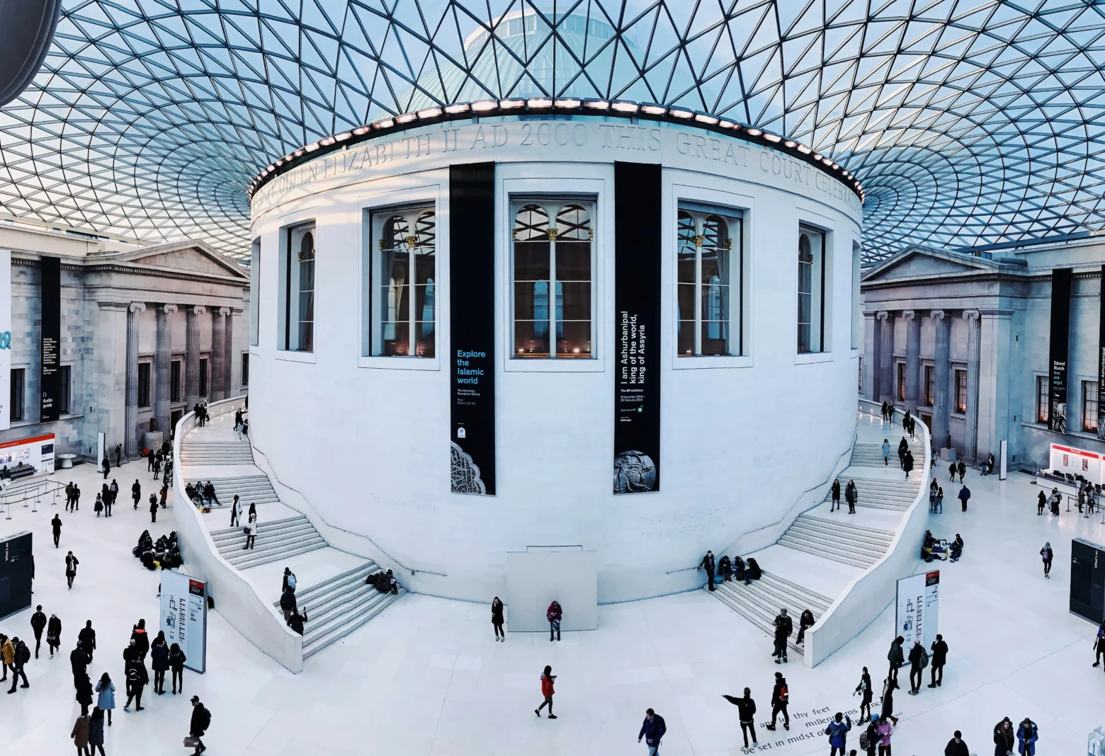 Great Court of the British Museum with its glass roof and central reading room