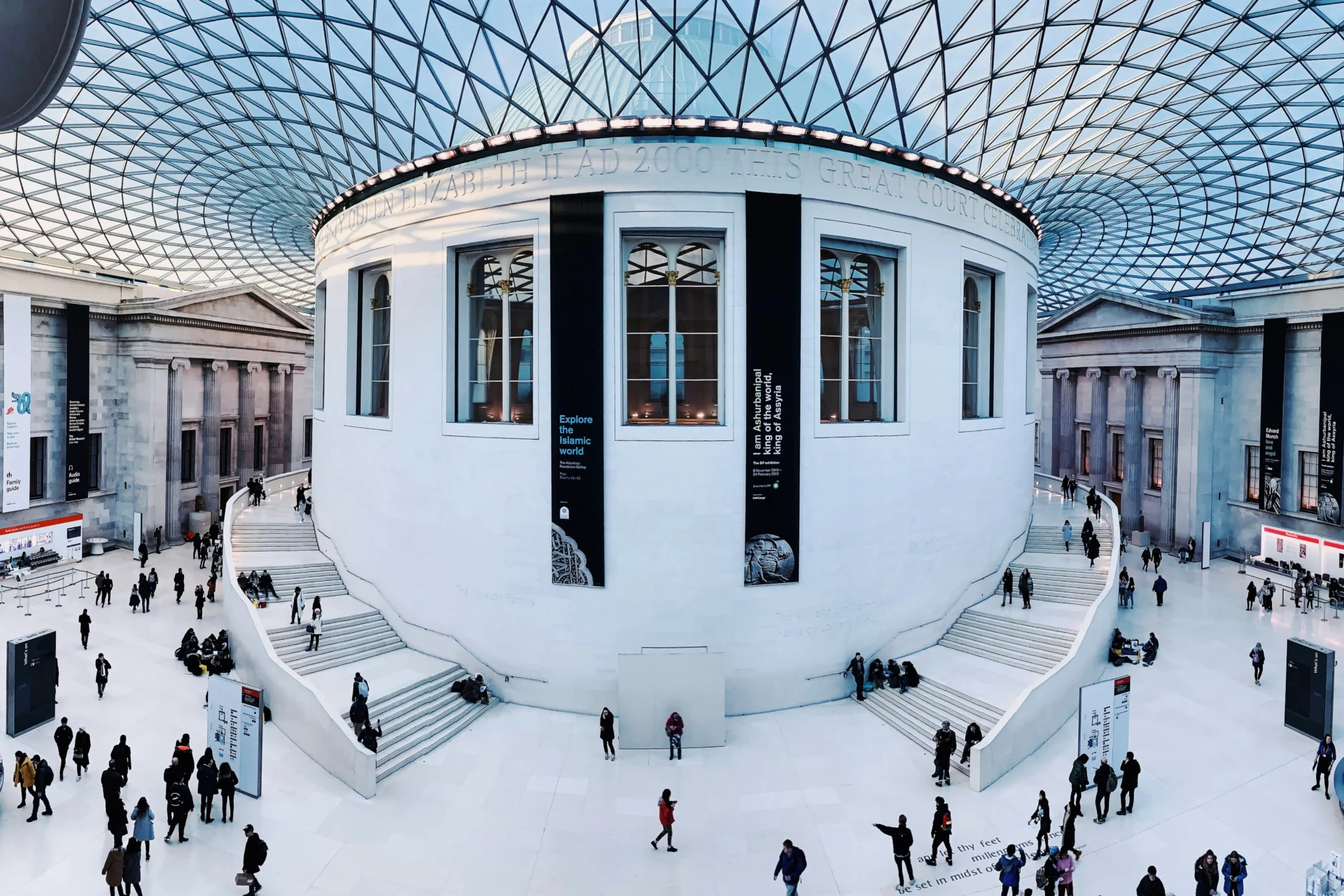 Great Court of the British Museum with its glass roof and central reading room