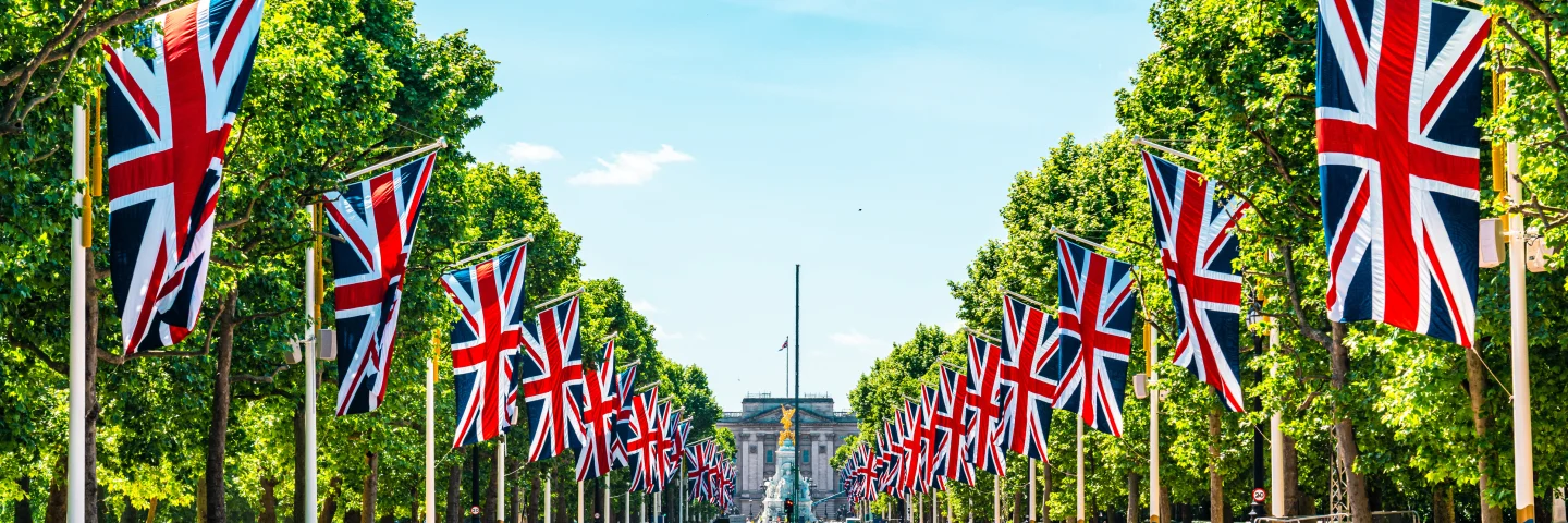 The Mall lined with Union Jack flags leading towards Buckingham Palace
