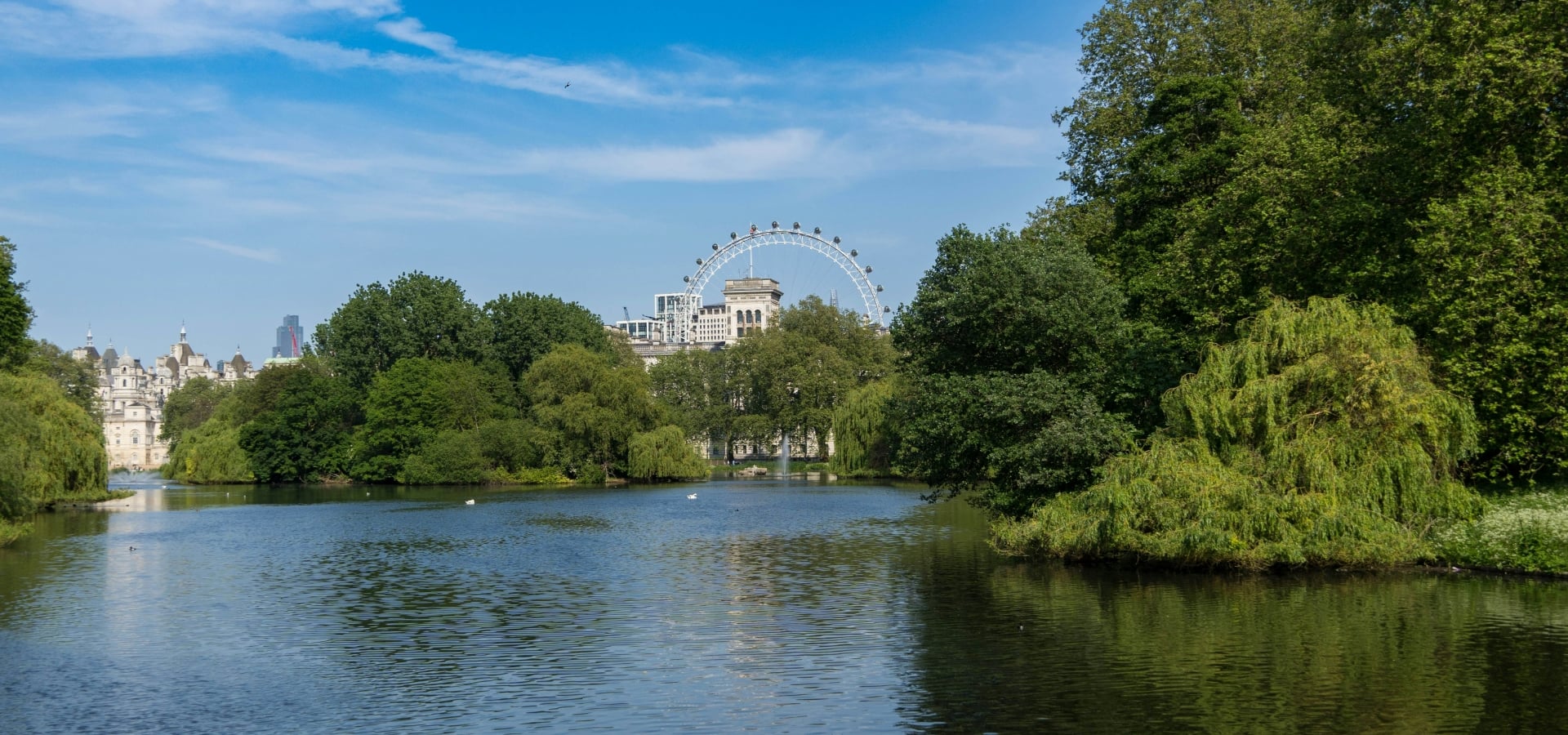 Lake in St James's Park with trees and the London Eye in the distance