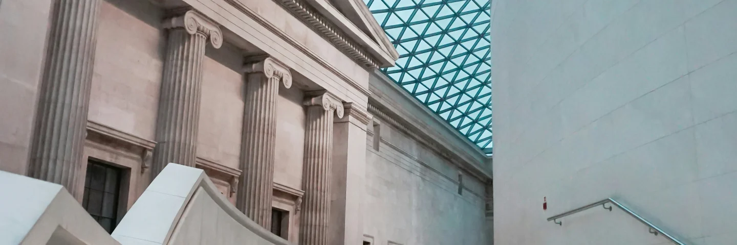 Staircase beneath the glass roof of the British Museum Great Court