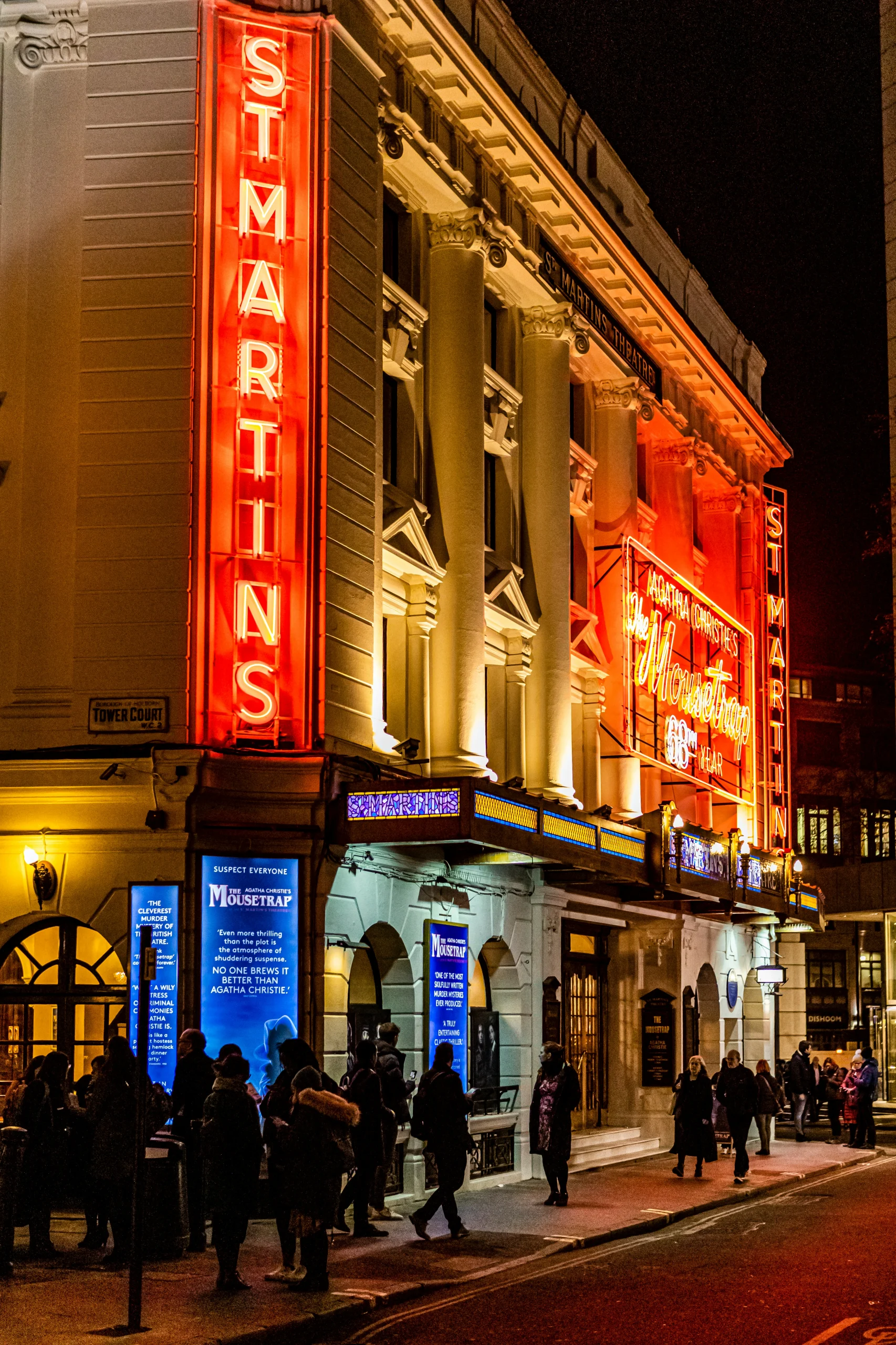 St Martin’s Theatre illuminated at night in London’s West End